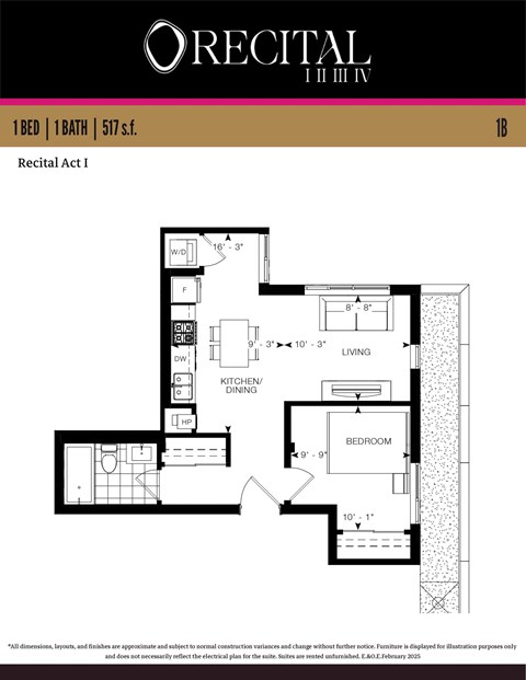 A floor plan for a 1 bedroom, 1 bathroom apartment at Orecital.